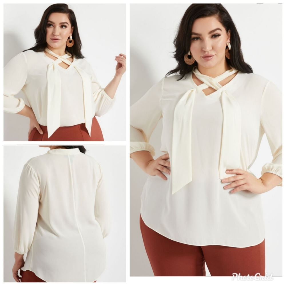 Ashley Stewart Crossover Tie Neck Blouse Sz